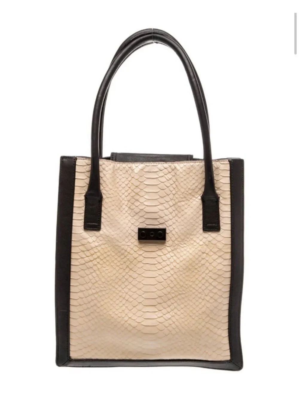 loeffler randall Authentic Beige Black Leather Embossed Alligator Look Tote Bag